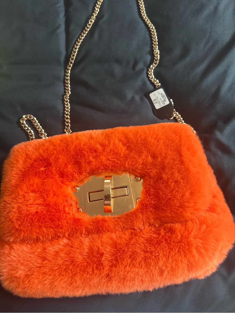 AKIRA Plush Faux Fur Crossbody Bag in Bright Orange with Gold Chain